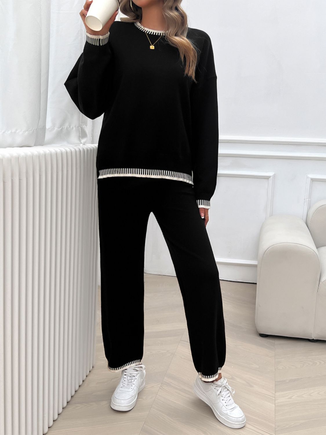 Devine Round Neck Dropped Shoulder Top and Pants Sweater Set