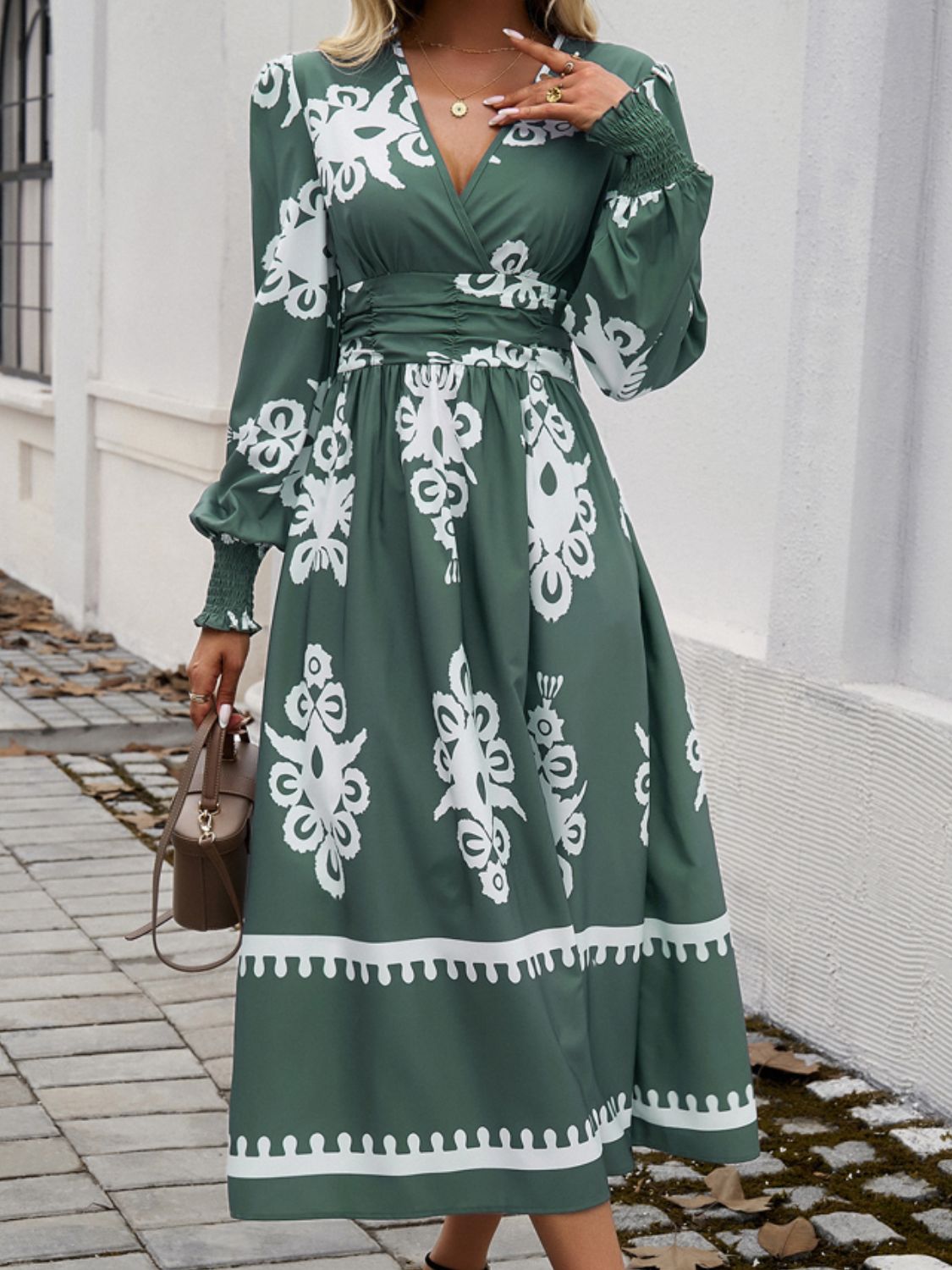 Devine Printed Surplice Lantern Sleeve Midi Dress