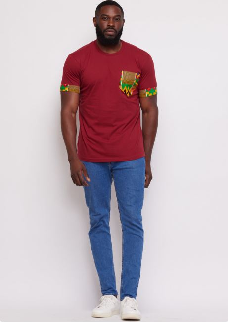 Seun Men’s African Print Applique T-shirt (Maroon/Green Yellow Kente) 