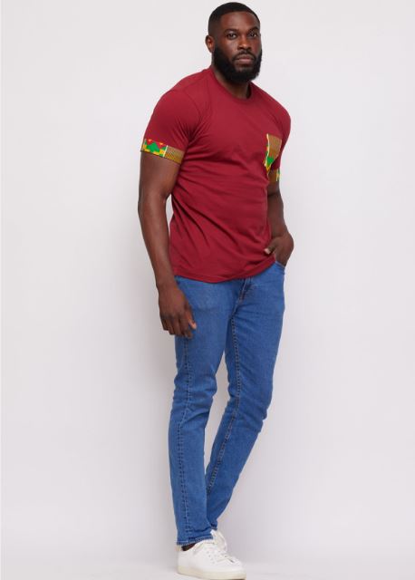 Seun Men’s African Print Applique T-shirt (Maroon/Green Yellow Kente) 