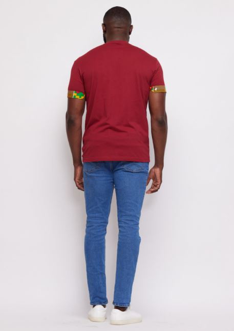 Seun Men’s African Print Applique T-shirt (Maroon/Green Yellow Kente) 