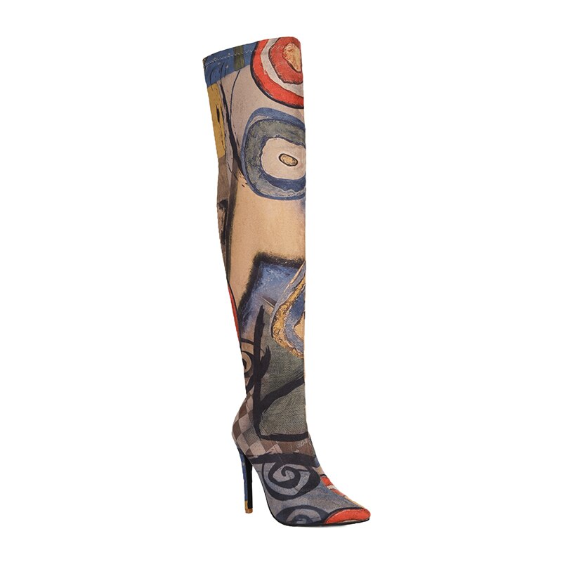 Processing time:3-7days after placing orders  Plus Size Art Graffiti Over Knee Boots Pointed Toe Ultra-High Fine Heel Elastic Fabric Material Women's Long Boots Printed Boots