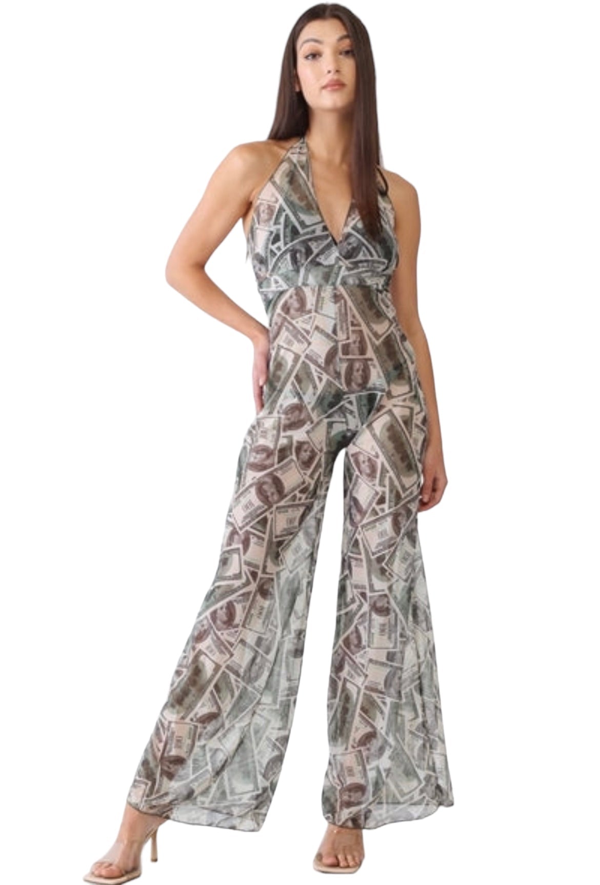 Green Money Dolla Signs Print V-Neck Sleeveless Wide Leg Sheer Jumpsuit Cover Up