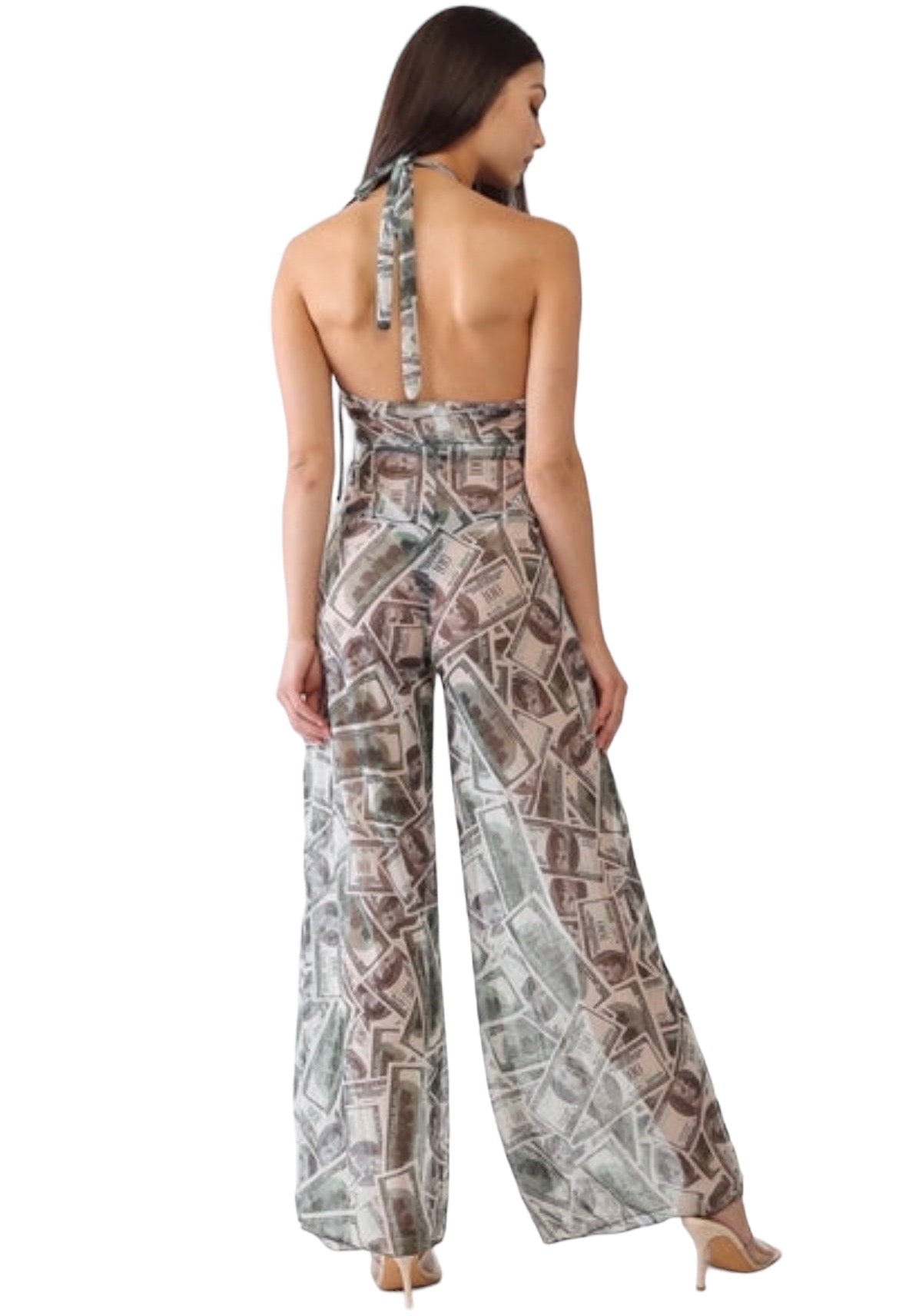 Green Money Dolla Signs Print V-Neck Sleeveless Wide Leg Sheer Jumpsuit Cover Up