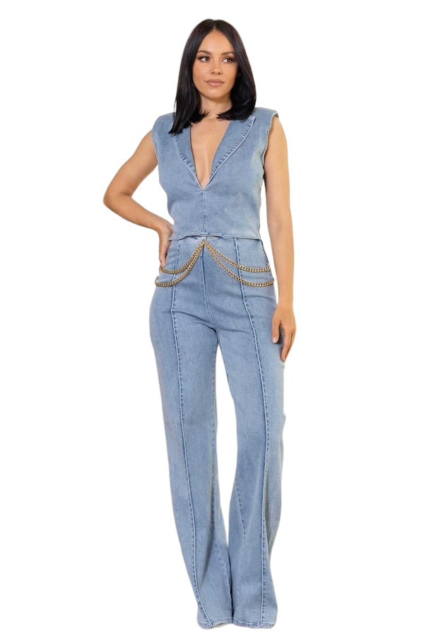 Denim stretch fashion jumpsuit