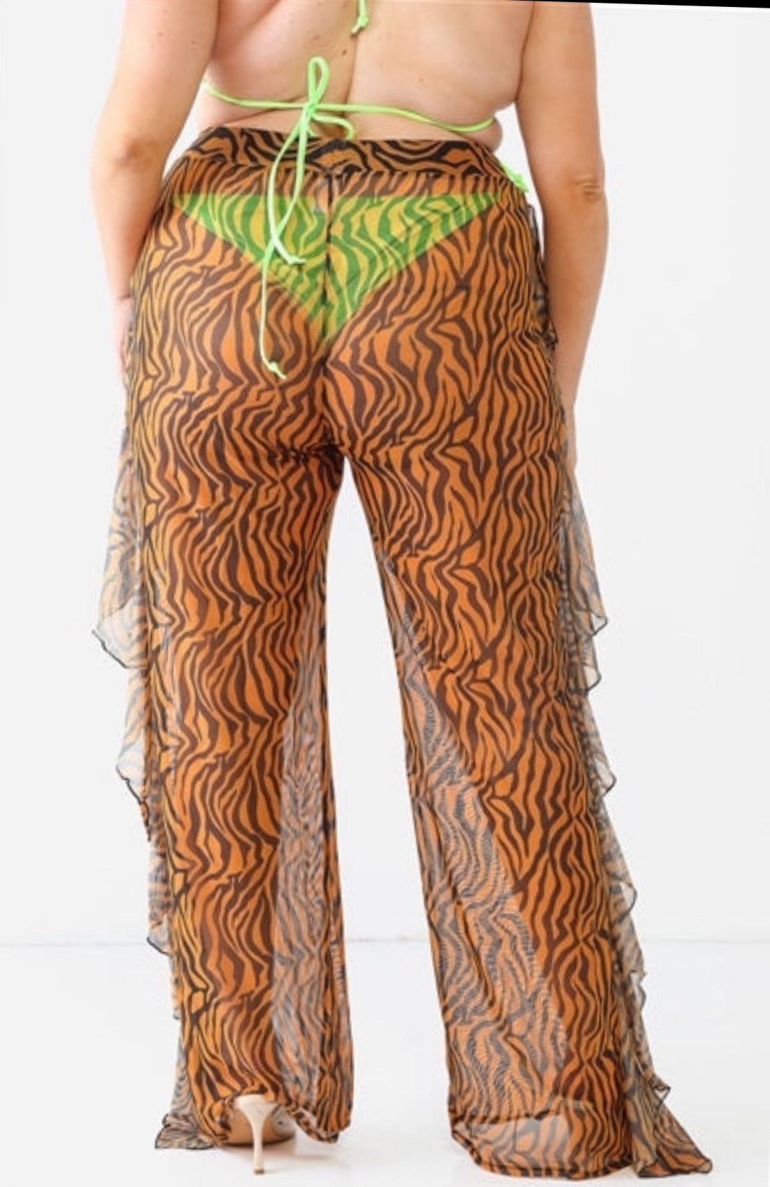 Orange Combo Tiger Animal Print Mesh Sheer High Waist Sexy Ruffle Pants