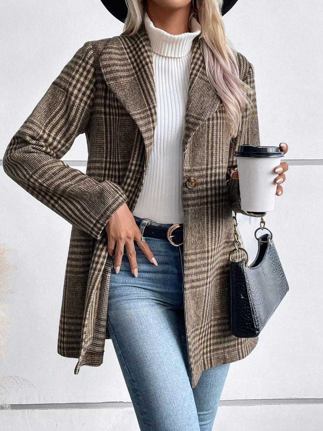 Plaid Collared Neck Long Sleeve Jacket