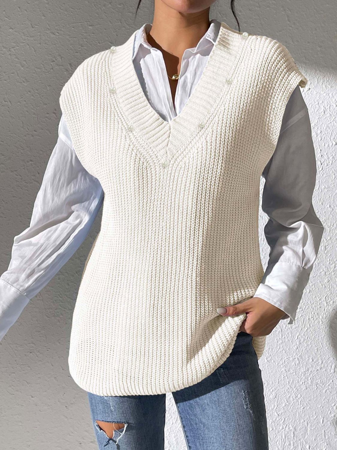 Pearl Trim V-Neck Sweater Vest