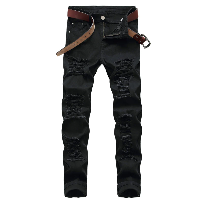 Men's Ripped Jeans Straight Pants Mid Waisted Urban Jeans Denim Trousers