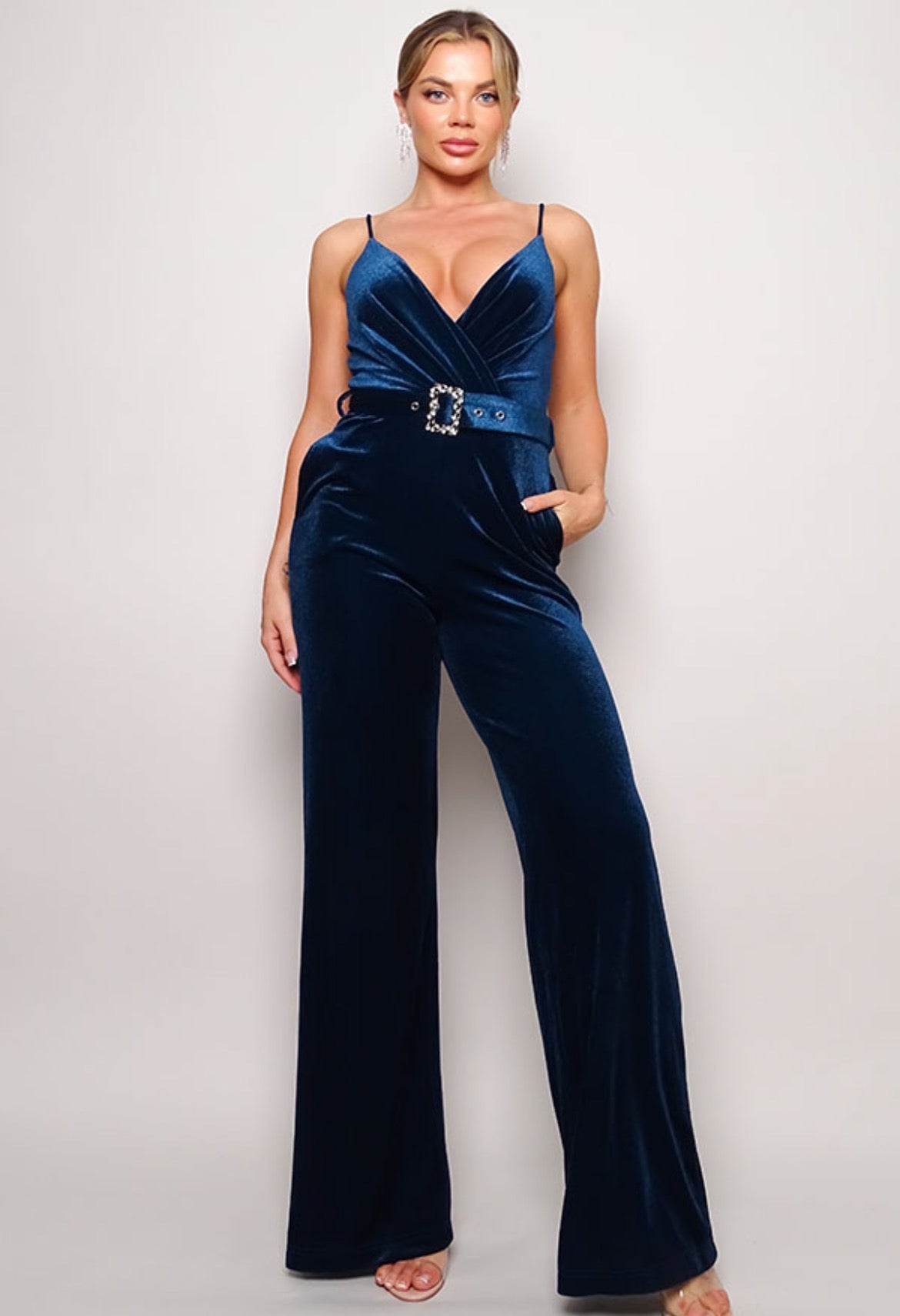 Women's Samba Rhinestone Belt Velvet Jumpsuit