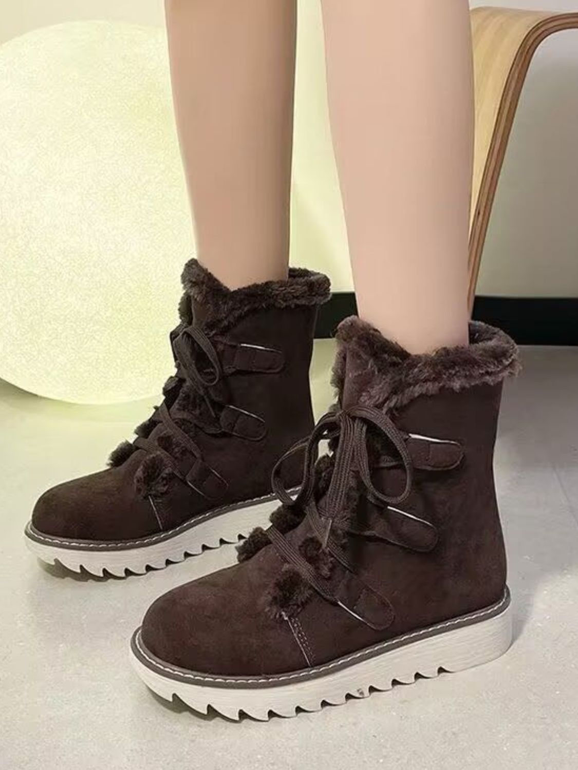 Faux Fur Lace Up Round Toe Boots