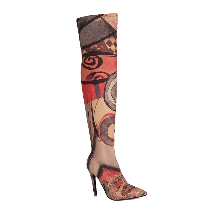 Processing time:3-7days after placing orders  Plus Size Art Graffiti Over Knee Boots Pointed Toe Ultra-High Fine Heel Elastic Fabric Material Women's Long Boots Printed Boots