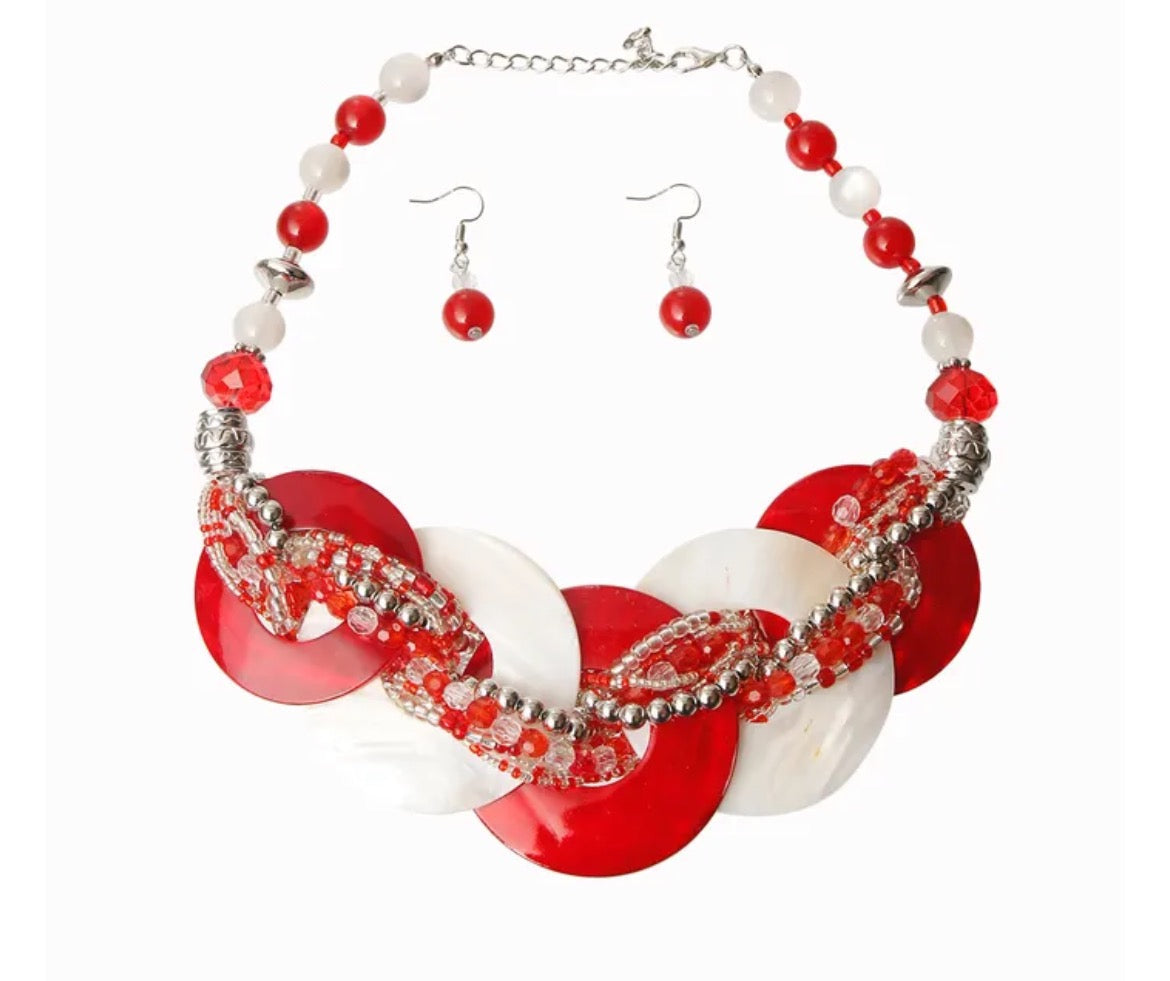 Red and White Beaded Disc Necklace Set