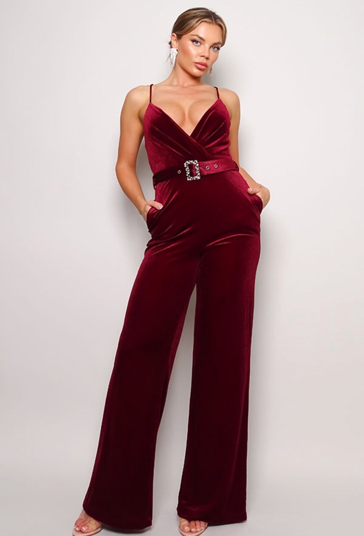 Women's Samba Rhinestone Belt Velvet Jumpsuit