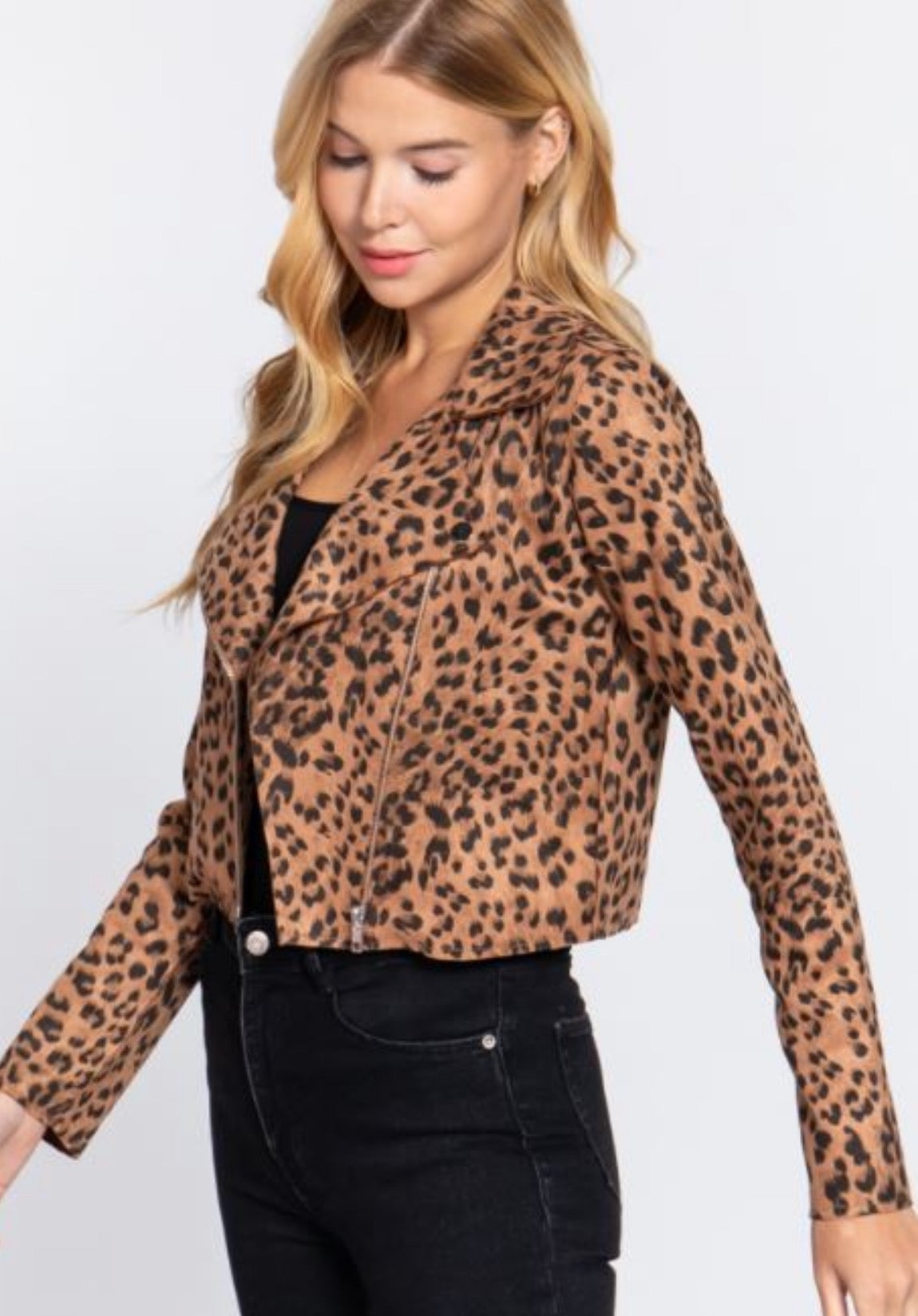 Women’s Leopard Print Faux Suede Biker Jacket