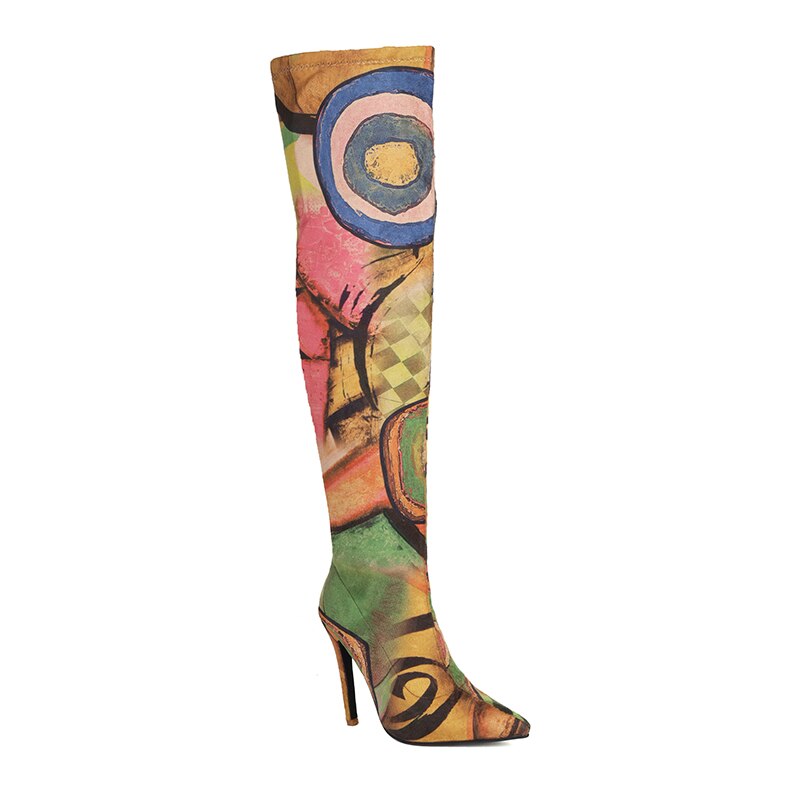 Processing time:3-7days after placing orders  Plus Size Art Graffiti Over Knee Boots Pointed Toe Ultra-High Fine Heel Elastic Fabric Material Women's Long Boots Printed Boots