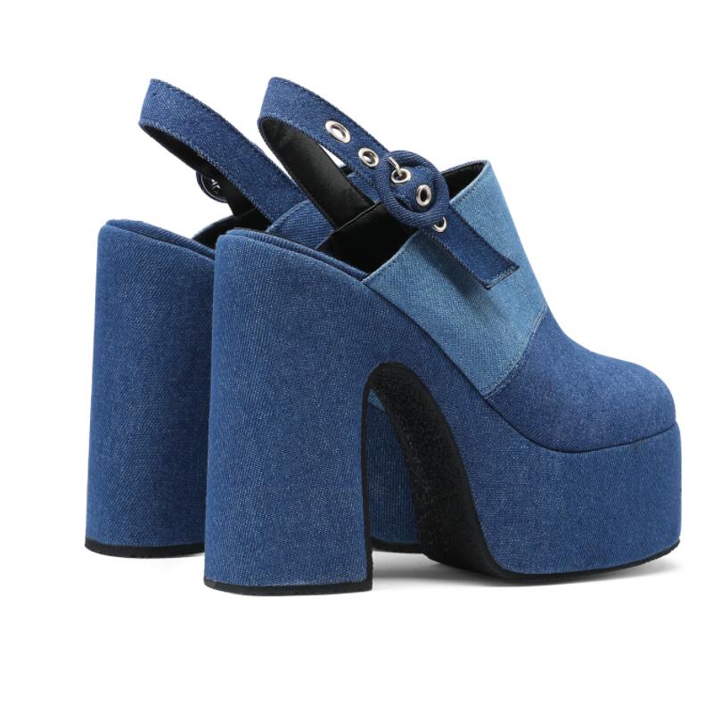 Big Size 34-48 Summer Fashion Splice Denim Mueller Pumps Thick High Heel Platform Round Head Slippers Sandal Women's Shoes Blue