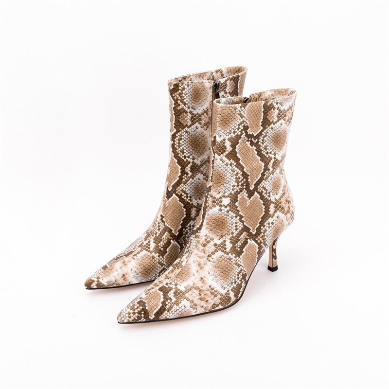 New Fashion Snakeskin Side Zipper Pointed Thin Heel High Heel Shoes Short Boots Large Boots Fashion Women's Boots