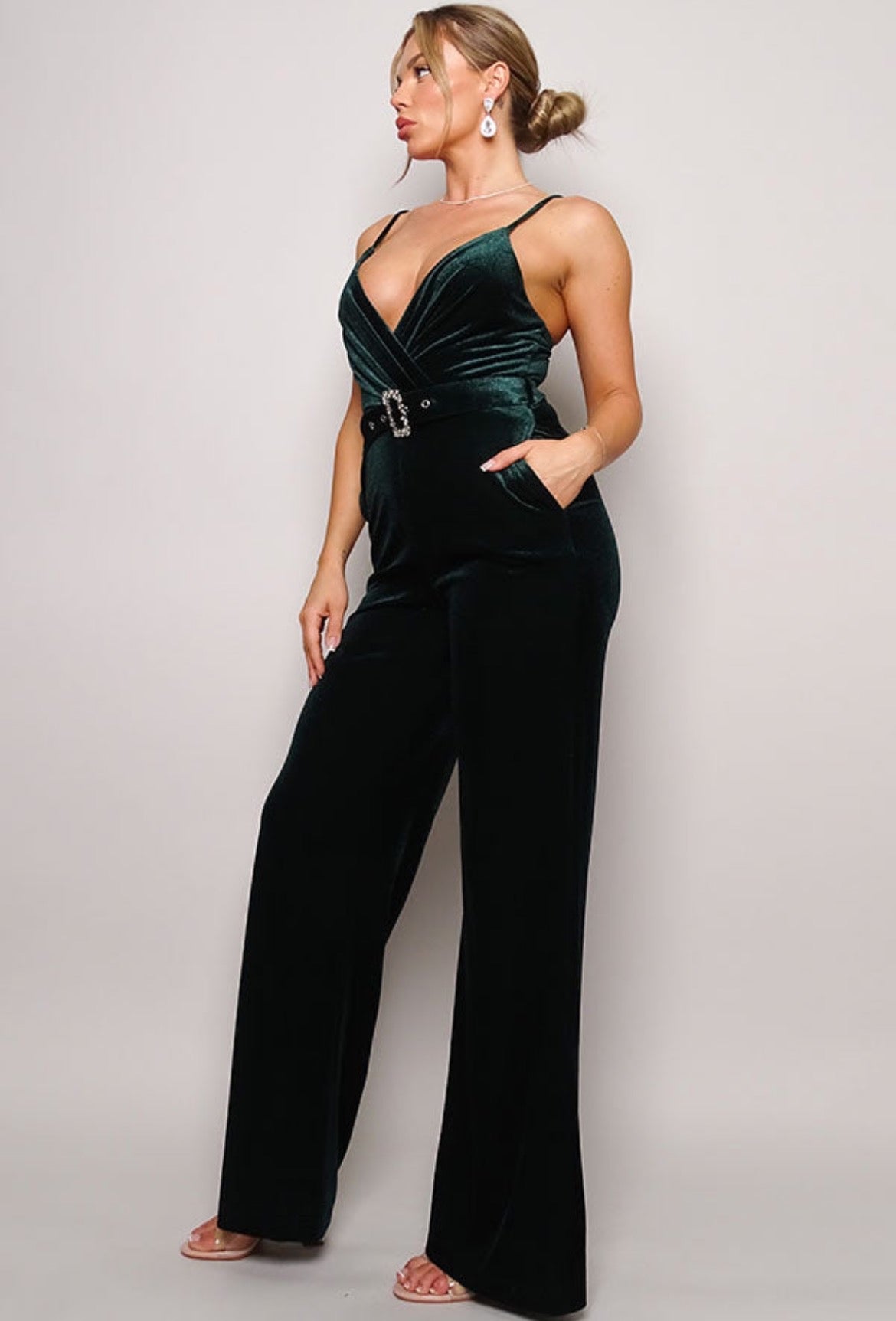 Women's Samba Rhinestone Belt Velvet Jumpsuit