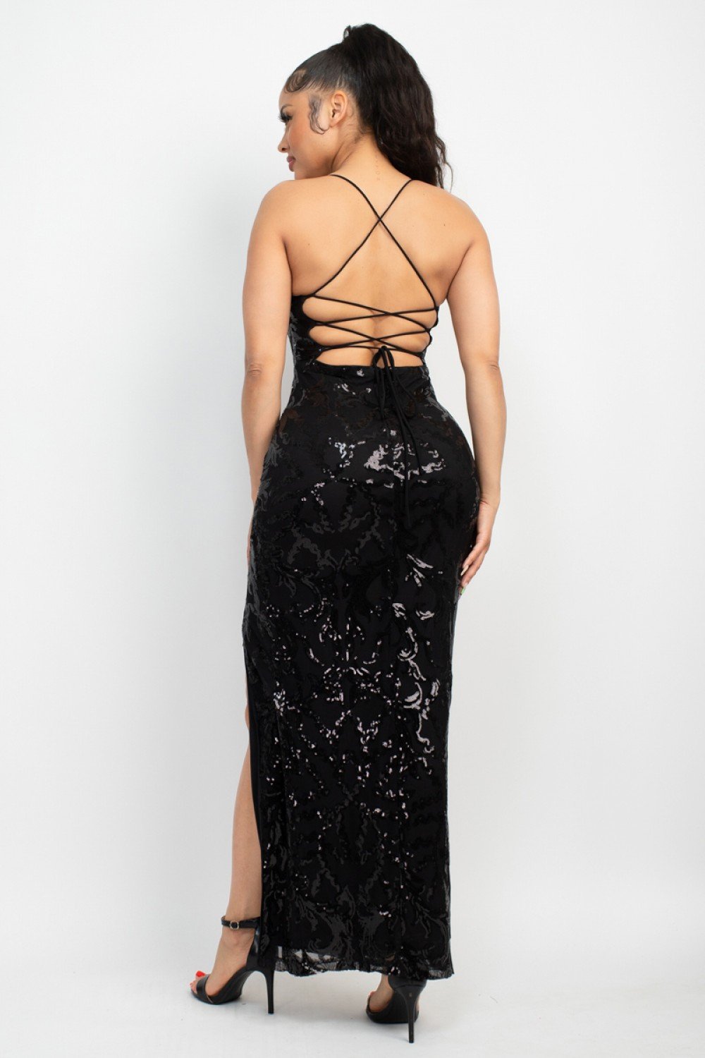 Sequin Back-Crisscross Tie Slit Dress