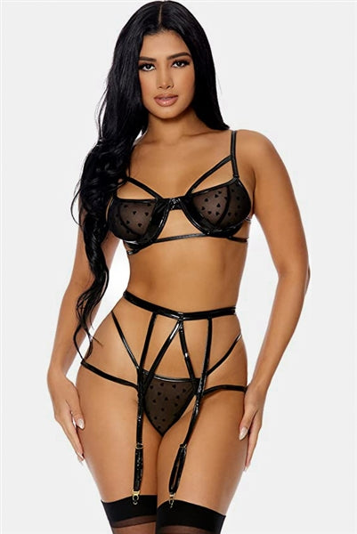 Heart Mesh Vinyl Three Piece Set Lingerie