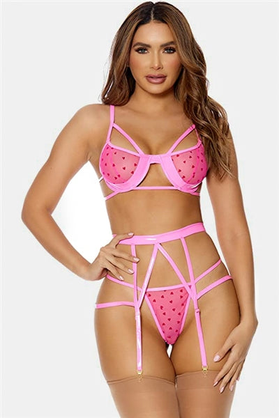 Heart Mesh Vinyl Three Piece Set Lingerie