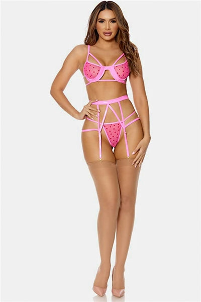 Heart Mesh Vinyl Three Piece Set Lingerie