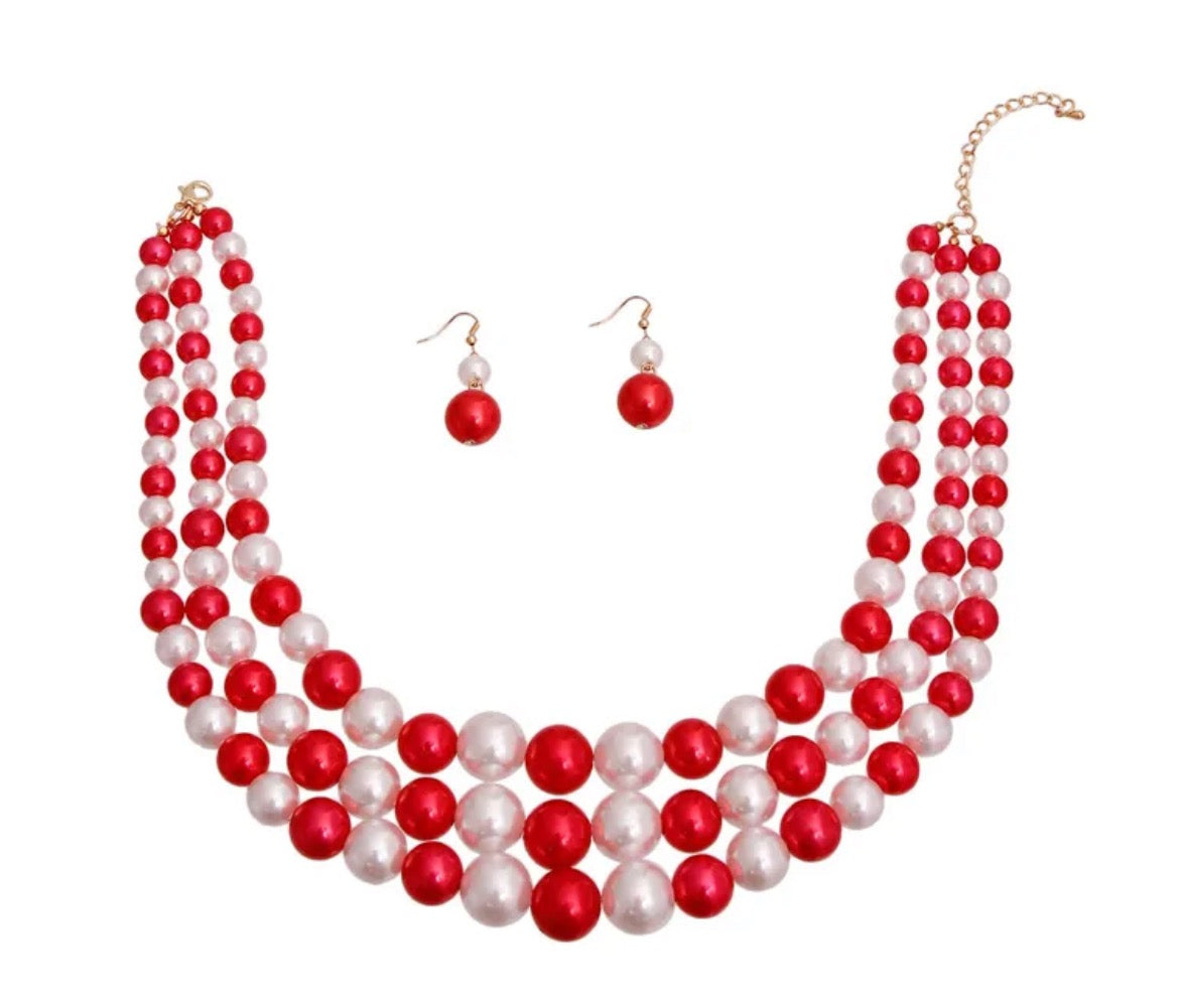 Women's Red White Pearl 3 Layer Set