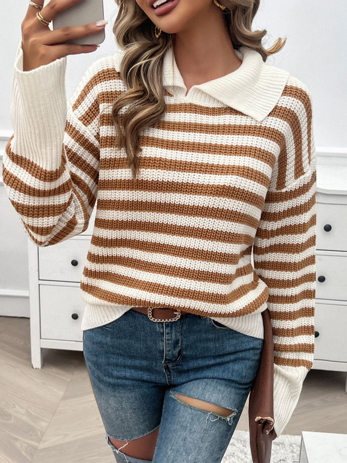 Devine Striped Collared Neck Long Sleeve Sweater