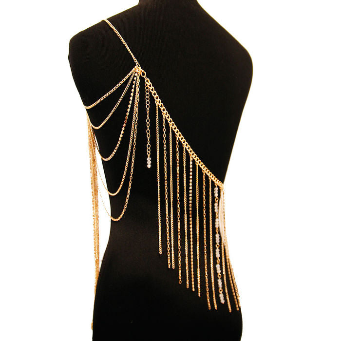 Gold Clear and White Bead One Shoulder Body Chain