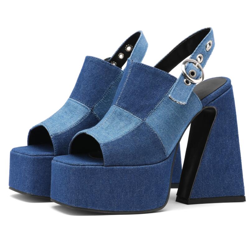 Big Size 34-48 Summer Sexy Splice Denim Thick High Heel Platform Sandal Fish Mouth Women's Shoes New Fashion Blue Pumps