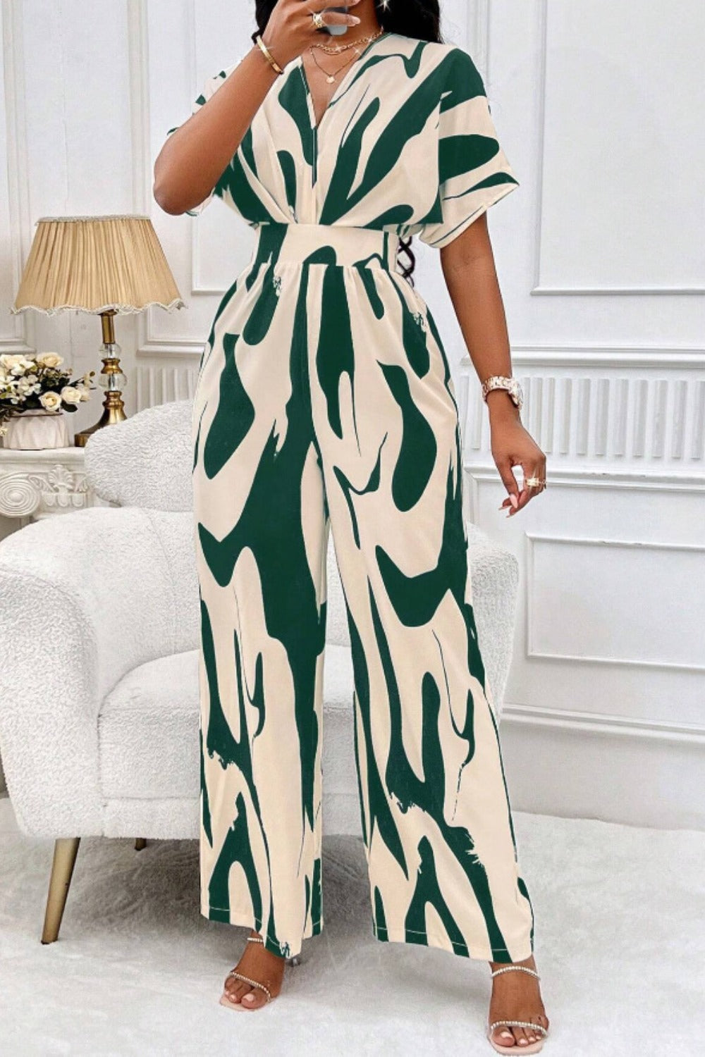 Printed V-Neck Short Sleeve Wide Leg Jumpsuit