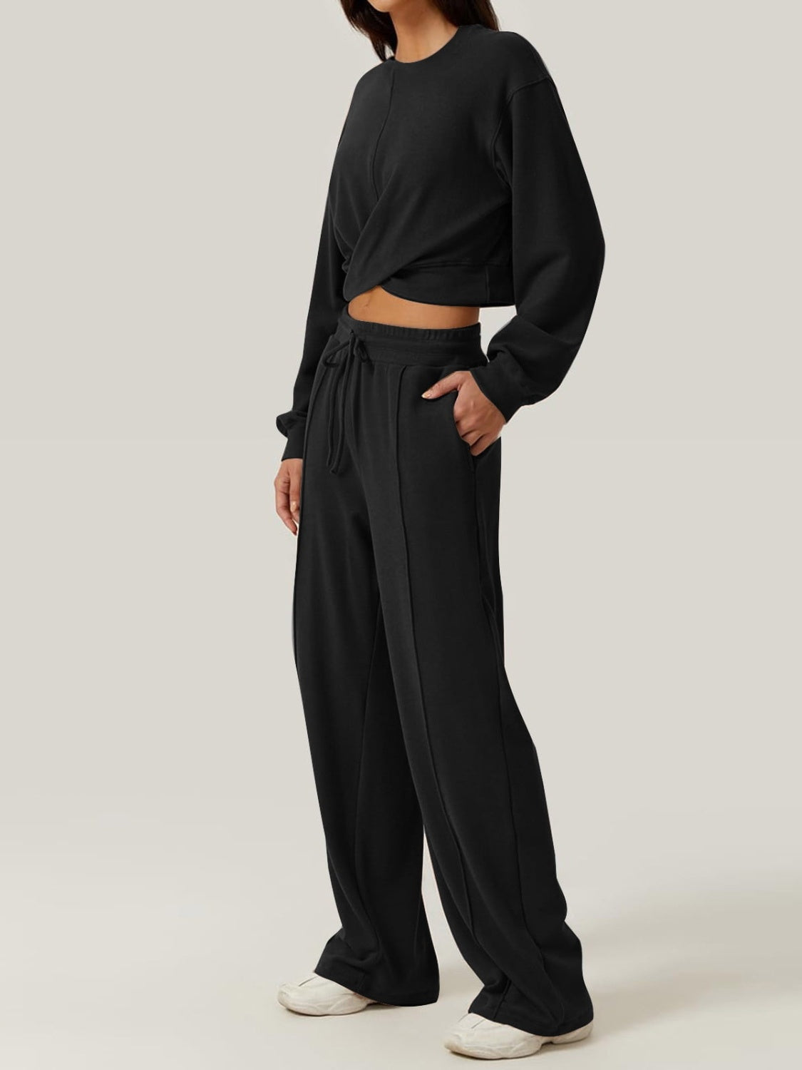 Crisscross Round Neck Top and Drawstring Pants Set