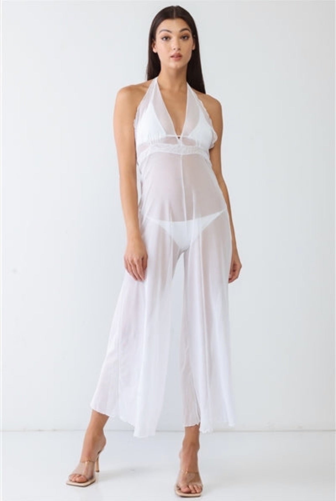 White V-Neck Sleeveless Wide Leg Sheer Jumpsuit Cover Up