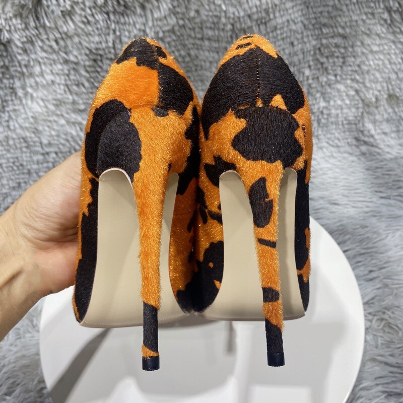 Orange Cow Print Hairy Flock Women Pointy Toe High Heel Shoes 8cm 10cm 12cm Slip On Sexy Stiletto Pumps for Party Dress