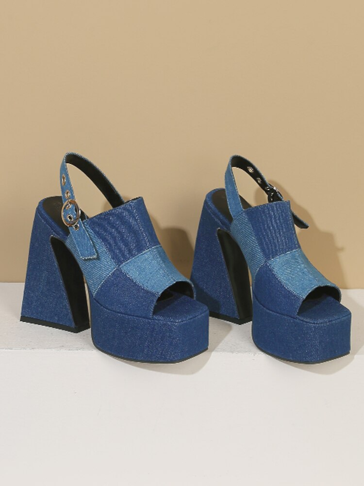 Big Size 34-48 Summer Sexy Splice Denim Thick High Heel Platform Sandal Fish Mouth Women's Shoes New Fashion Blue Pumps