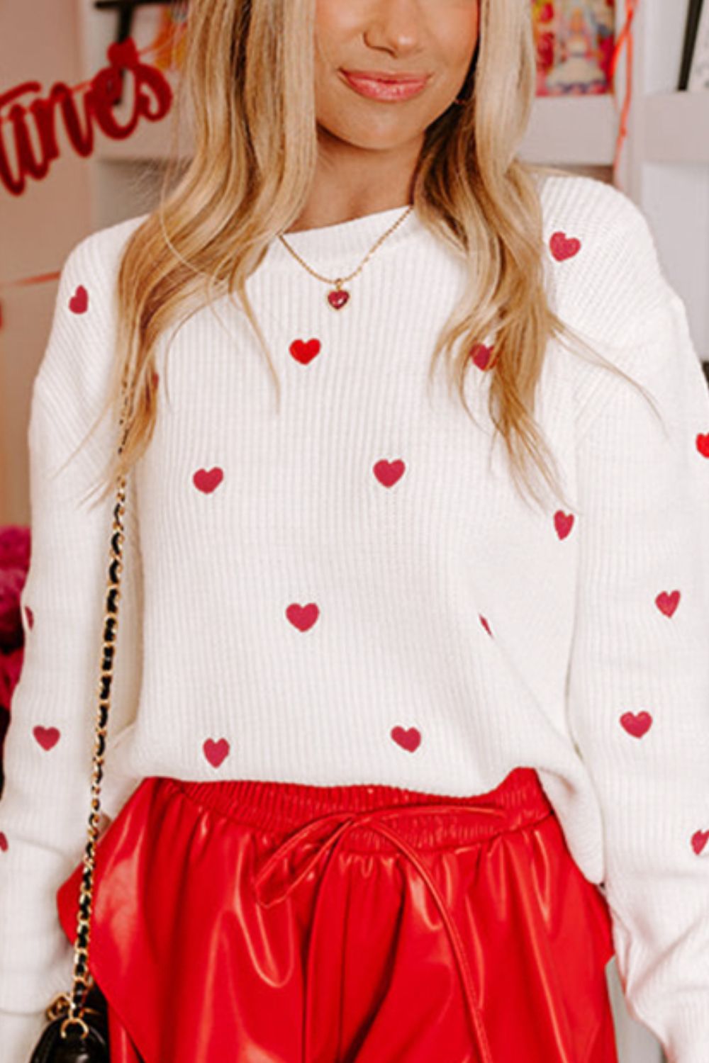 Heart Round Neck Long Sleeve Sweater