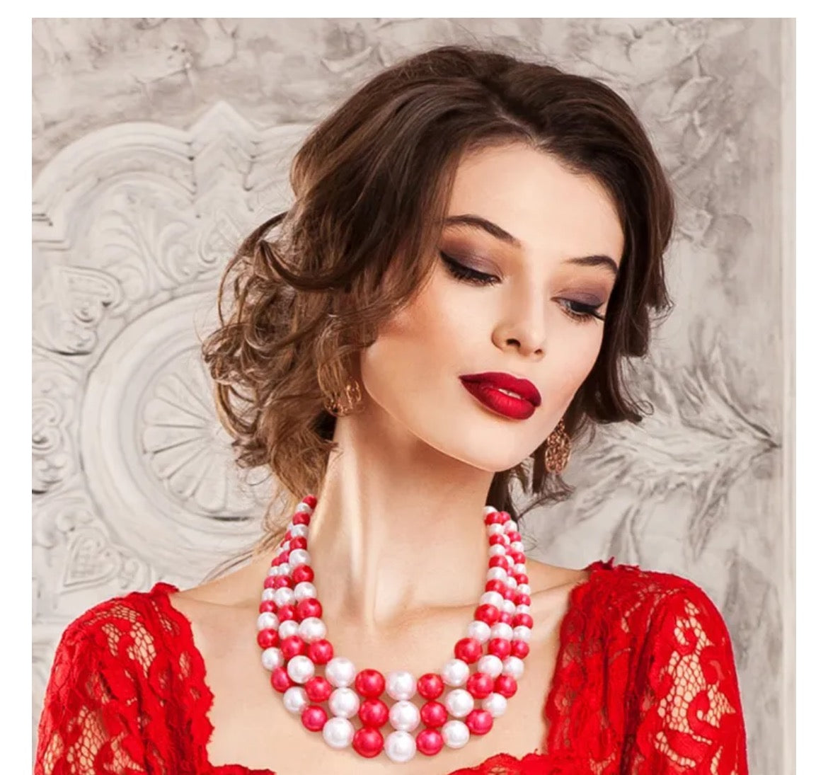 Women's Red White Pearl 3 Layer Set