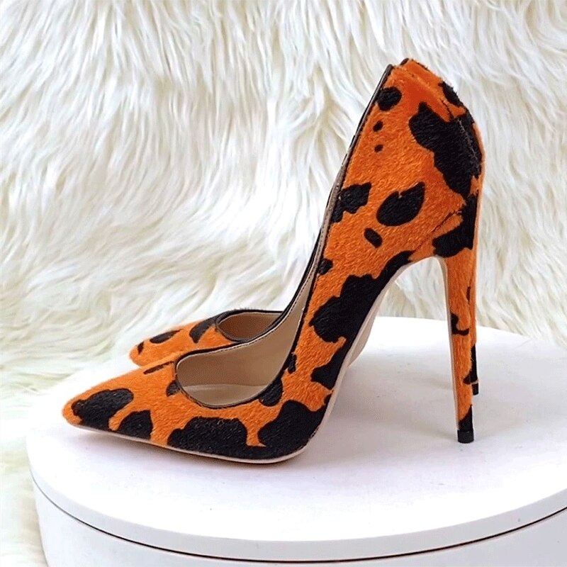 Orange Cow Print Hairy Flock Women Pointy Toe High Heel Shoes 8cm 10cm 12cm Slip On Sexy Stiletto Pumps for Party Dress