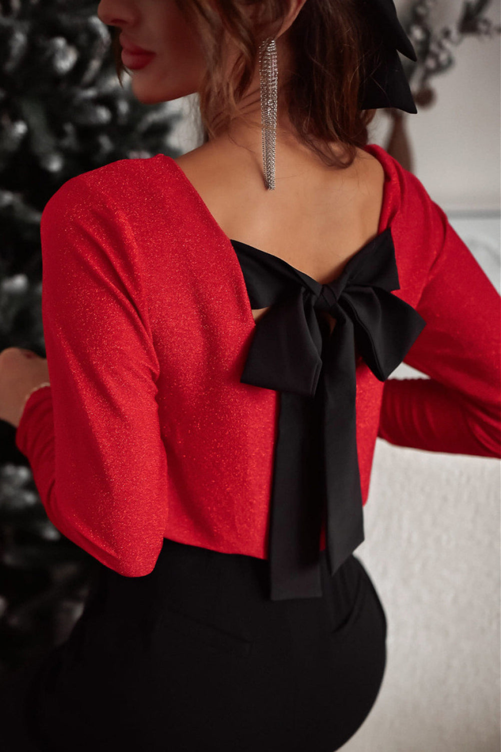 Bowknot V-Neck Long Sleeve Blouse