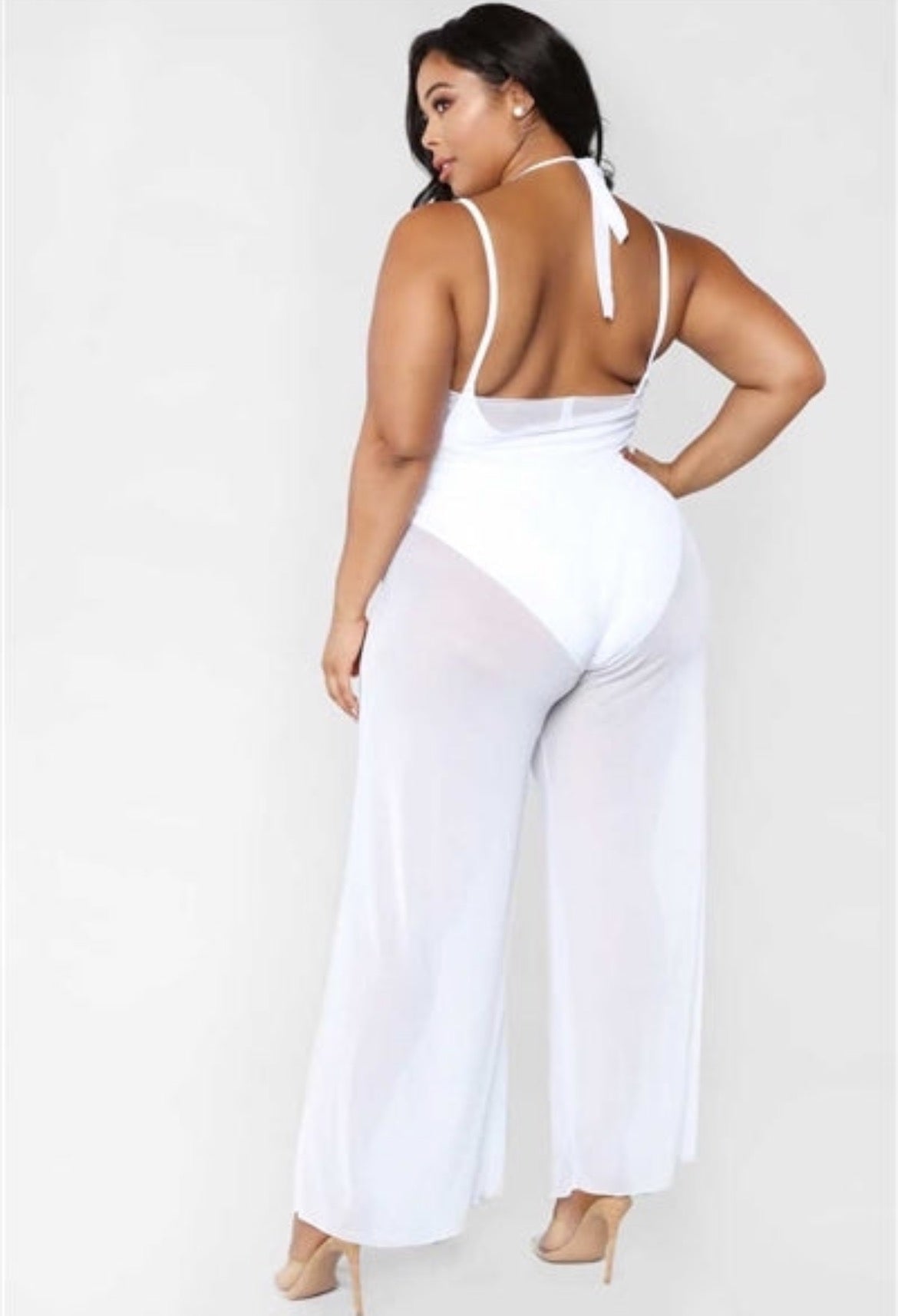 White V-Neck Sleeveless Wide Leg Sheer Jumpsuit Cover Up