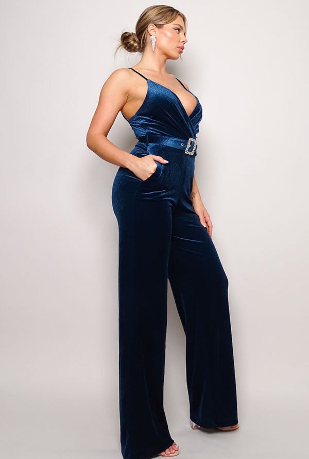 Women's Samba Rhinestone Belt Velvet Jumpsuit