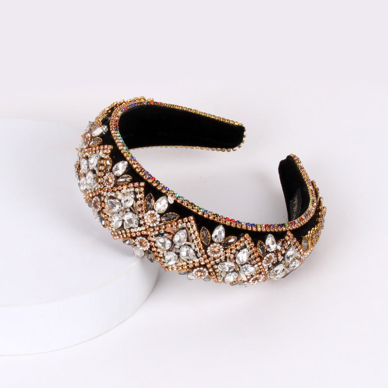 Fashion Retro Baroque Headband Crystal Full Drill Thick Sponge Wide-Brimmed Headband Pressure Hair Buckle