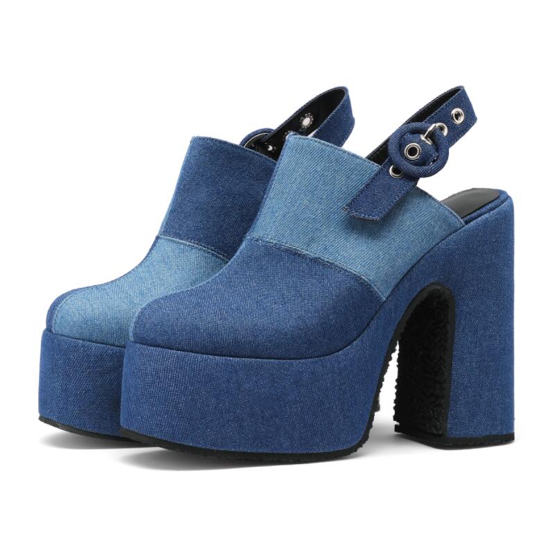 Big Size 34-48 Summer Fashion Splice Denim Mueller Pumps Thick High Heel Platform Round Head Slippers Sandal Women's Shoes Blue