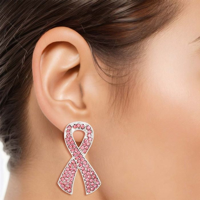 Gold Pink Ribbon Stud Earrings