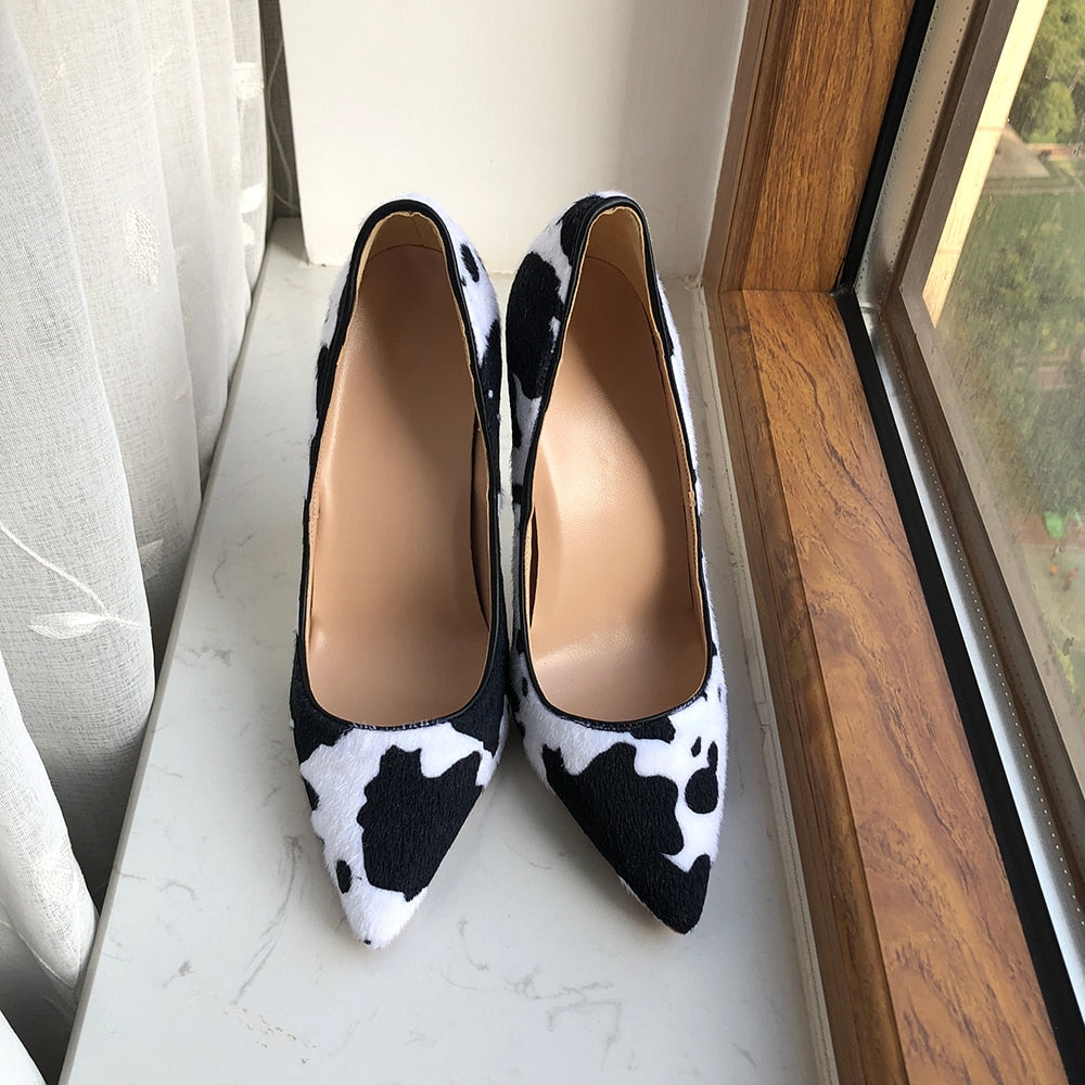 Tikicup Cow Print Women White Hairy Flock Pointy Toe High Heel Shoes Sexy Celebrity Ladies Slip On Stiletto Pumps for Party