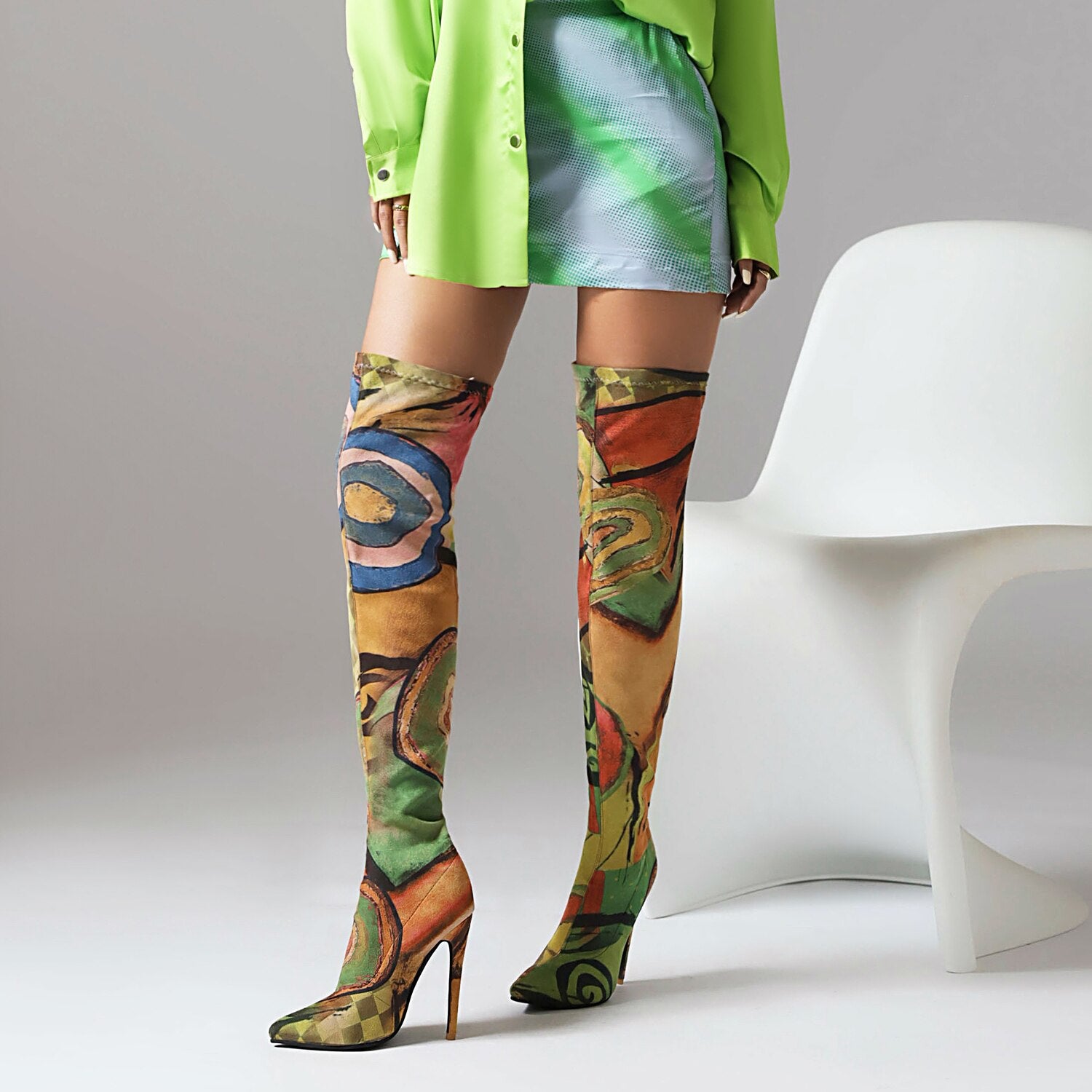 Processing time:3-7days after placing orders  Plus Size Art Graffiti Over Knee Boots Pointed Toe Ultra-High Fine Heel Elastic Fabric Material Women's Long Boots Printed Boots