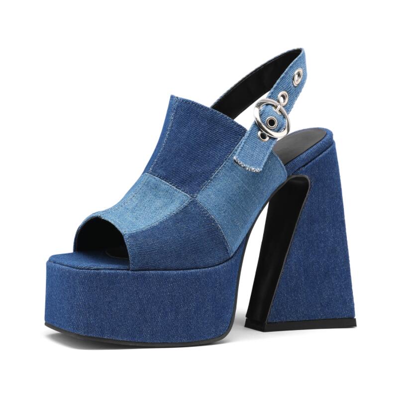 Big Size 34-48 Summer Sexy Splice Denim Thick High Heel Platform Sandal Fish Mouth Women's Shoes New Fashion Blue Pumps