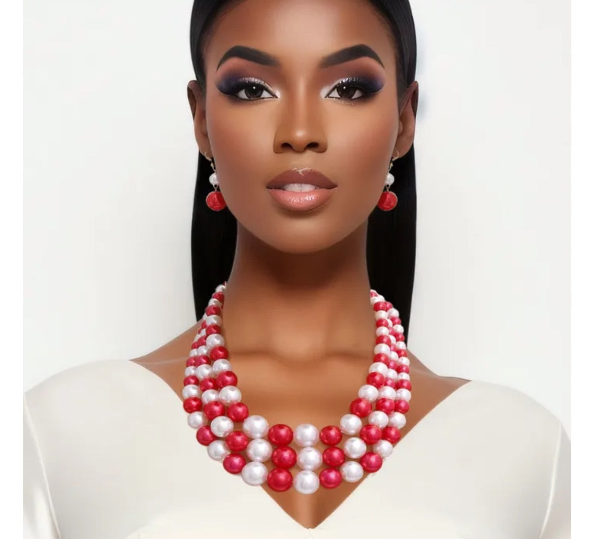 Women's Red White Pearl 3 Layer Set