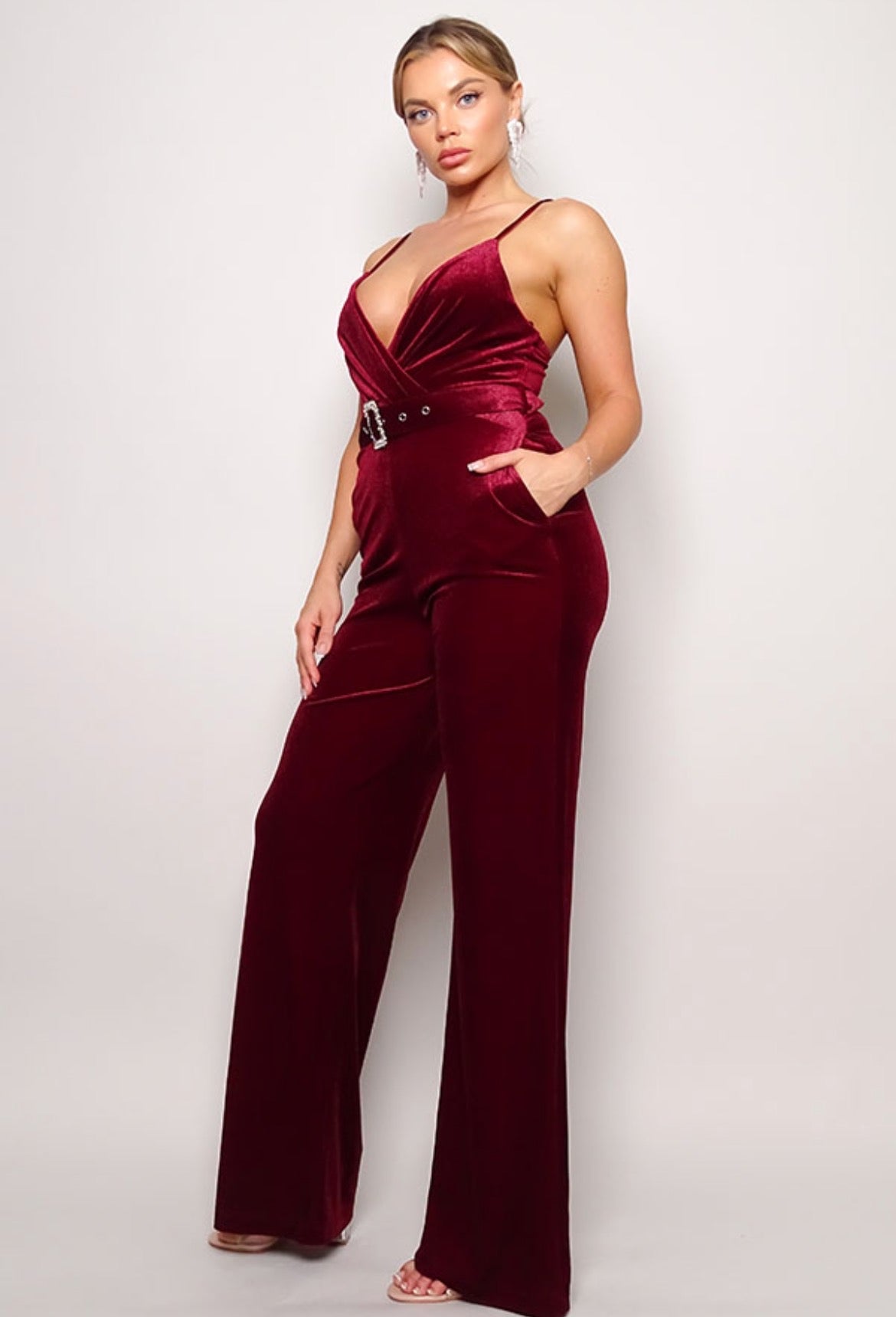 Women's Samba Rhinestone Belt Velvet Jumpsuit